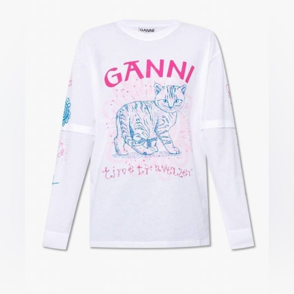 Ganni White Long Sleeve Tee with Pink and Blue Graphics - Picture 2 of 16